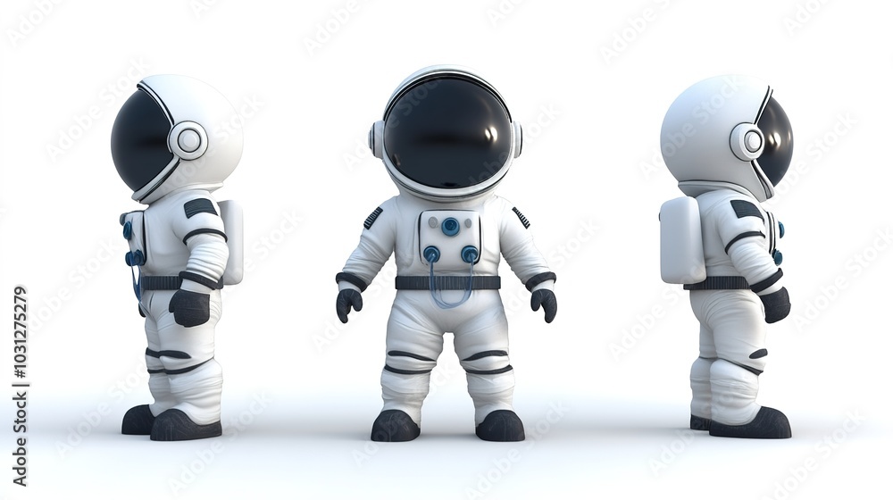 Naklejka premium A set of cartoon astronaut illustrations showcasing three different perspectives: front view, side view, and back view. Each illustration captures the playful and fun essence of an astronaut