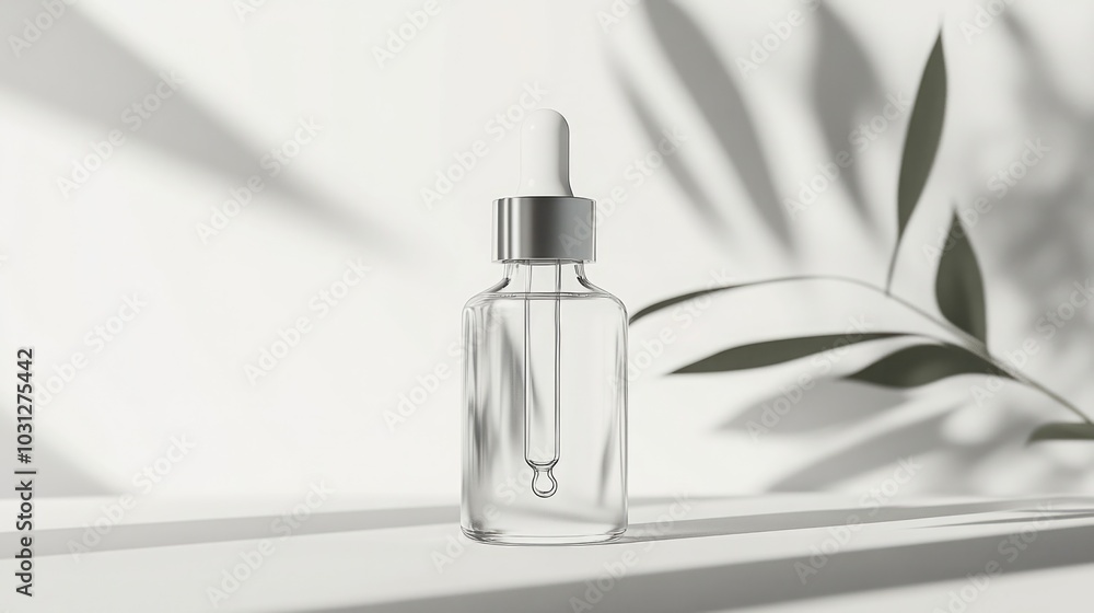 clear dropper bottle with plant shadows. clear dropper bottle with plant shadows.