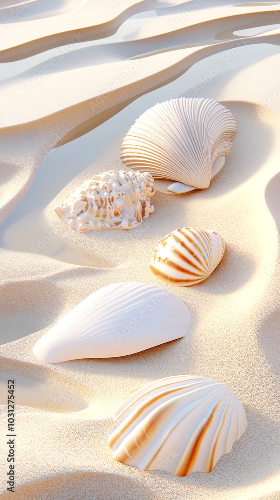 3d render of seashells on beautiful beach, poster for cosmetics and beauty 3d render of seashells on beautiful beach, poster for cosmetics and beauty