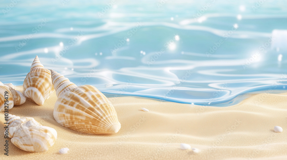 3d render of seashells on beautiful beach, poster for cosmetics and beauty 3d render of seashells on beautiful beach, poster for cosmetics and beauty