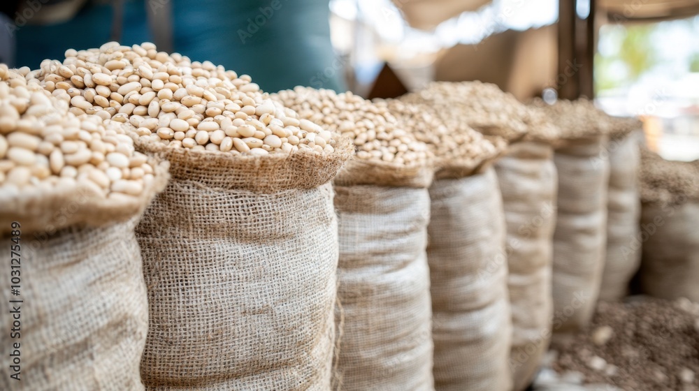 Obraz premium Baskets of Raw Legumes at Market Stall