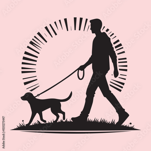 dog vector, Man walking with dog vector silhouette vector black and white