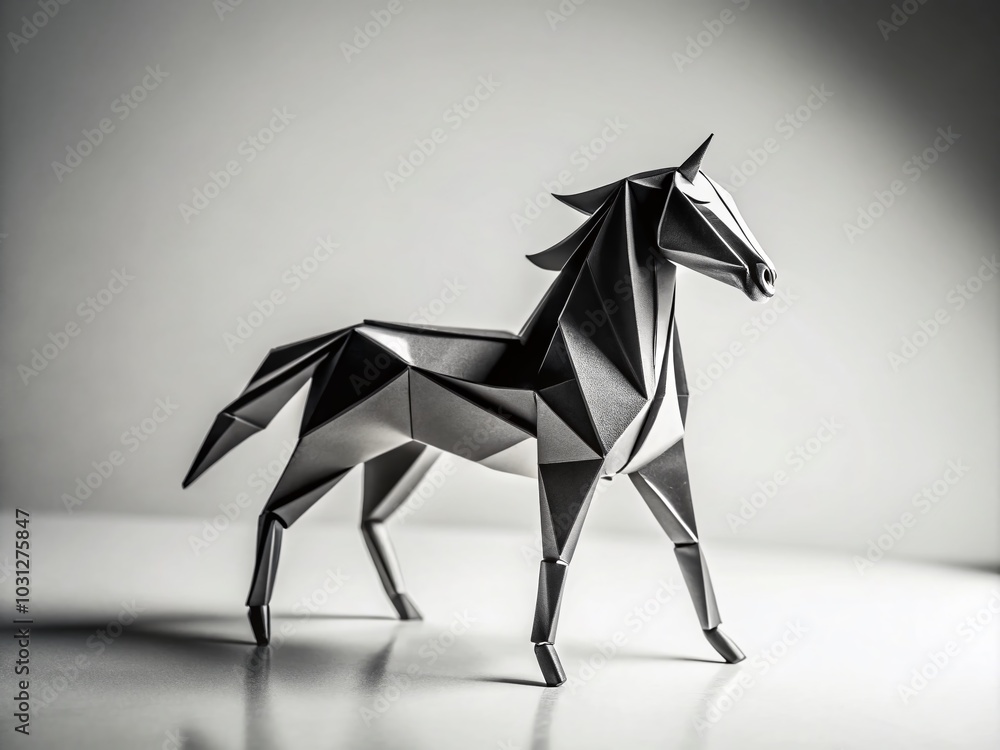Obraz premium Black and White Origami Horse Sculpture - Minimalist Paper Art for Home Decor and Design