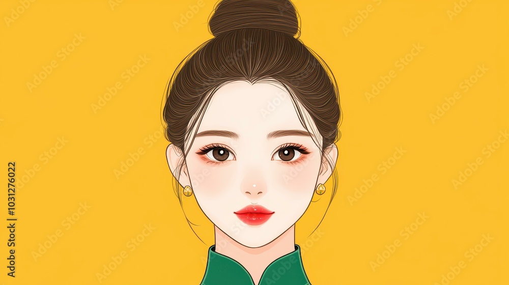 A girl sparkles in a green cheongsam, her playful ink cartoon design and bun hairstyle radiate happiness in the sun. A girl sparkles in a green cheongsam, her playful ink cartoon design and bun hairstyle radiate happiness in the sun.