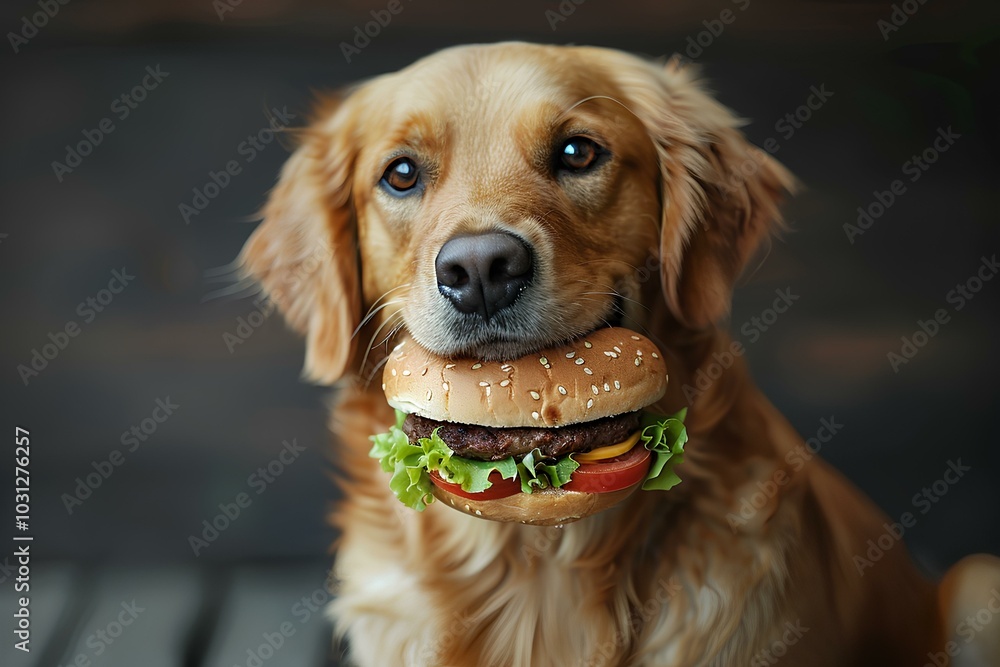 A dog with a hamburger in its mouth A dog with a hamburger in its mouth
