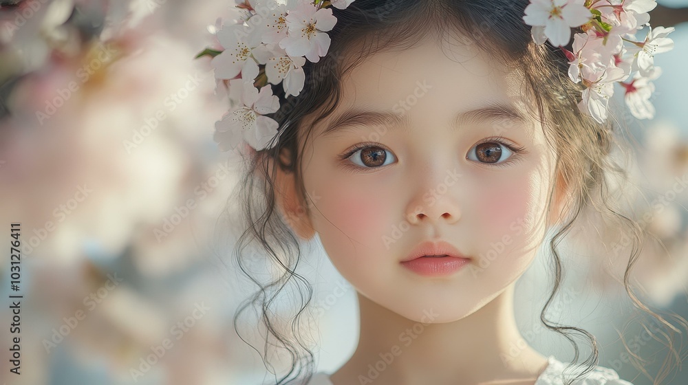 A young girl with curly hair sits beneath a cherry tree, her floral crown complementing her serene beauty in full bloom. A young girl with curly hair sits beneath a cherry tree, her floral crown complementing her serene beauty in full bloom.