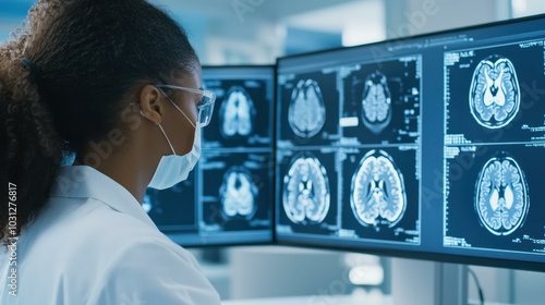 Confident female neurologist reviews brain MRI scans in a stateoftheart medical facility, exuding professionalism.