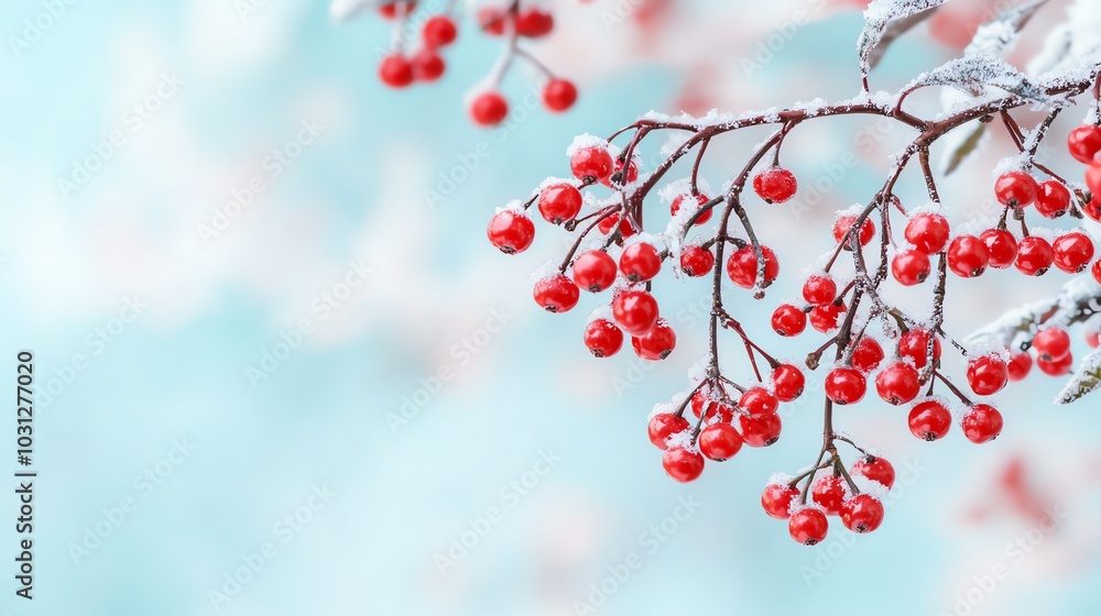 Frosty red berries hanging from a snowladen tree, morning light, closeup, high detail Frosty red berries hanging from a snowladen tree, morning light, closeup, high detail