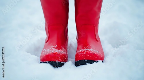 Santa s red boots stepping through deep snow, moonlit glow, closeup, intimate angle photo