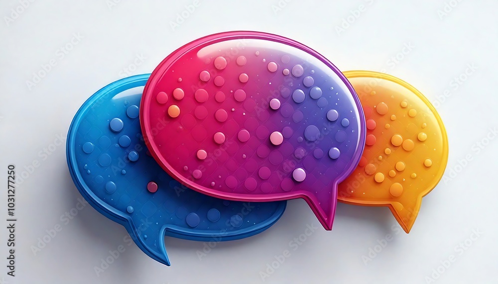 Three colorful speech bubbles in blue, pink, and orange, embellished with dots, representing communication and conversation. Three colorful speech bubbles in blue, pink, and orange, embellished with dots, representing communication and conversation.