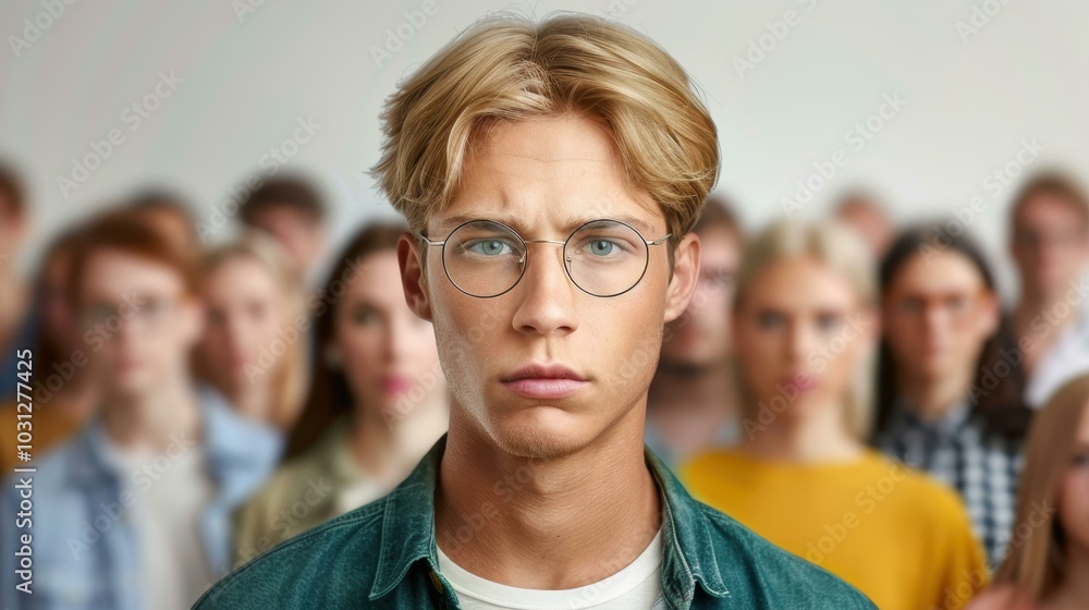 Fototapeta premium A young man with glasses stands sharp and clear, while blurred figures in the background symbolize distraction and focus.