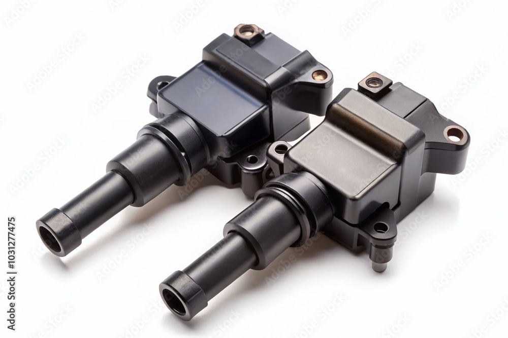 Black Ignition Coils Isolated on White Background - Essential Spare Parts for Car Service and Maintenance Black Ignition Coils Isolated on White Background - Essential Spare Parts for Car Service and Maintenance
