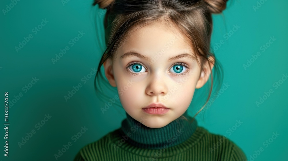 A captivating closeup of a young girl with mesmerizing blue eyes, set against a vibrant green and yellow backdrop. A captivating closeup of a young girl with mesmerizing blue eyes, set against a vibrant green and yellow backdrop.