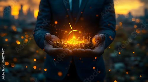 A businessman holds a glowi...