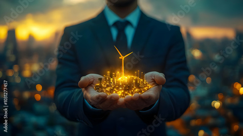 A businessman holds a glowi...