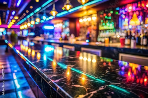 Black Marble Bar Counter in a Blurred Nightclub Setting for Nightlife and Hospitality Concepts