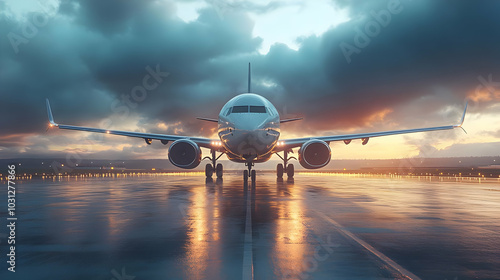A plane on a runway at suns...