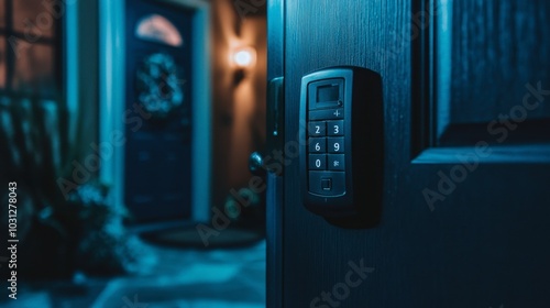 Secure Home Entrance with Keypad Lock at Night photo