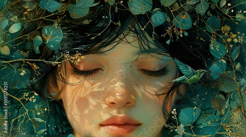 Dreamy Portrait of a Woman Surrounded by Green Leaves and a Hummingbird