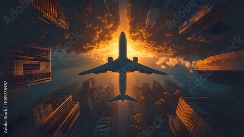Airplane flying over citysc...