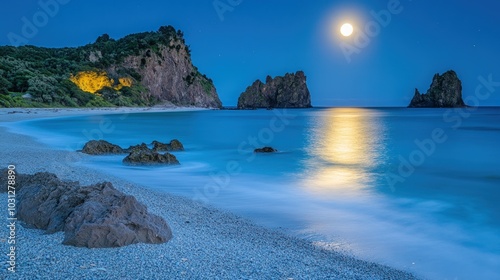 A serene beach scene at night with a full moon shining over the water.