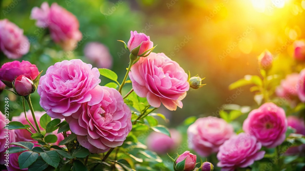 Fototapeta premium Blooming Pink Garden Roses in Spring - Vibrant Floral Beauty