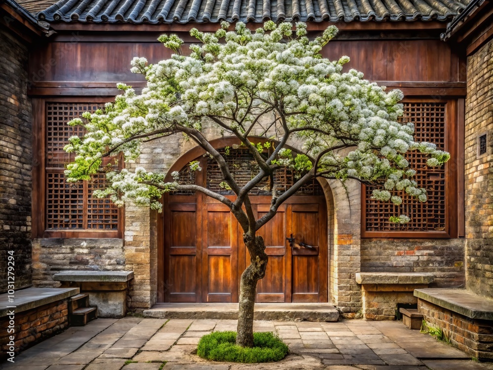 Fototapeta premium Blooming Pear Tree in Front of Traditional Chinese Courtyard Door - Urban Exploration Photography