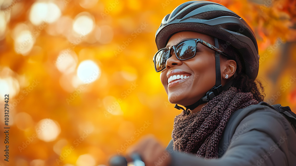 Smiling cyclist enjoying a sunny autumn day outdoors. Smiling cyclist enjoying a sunny autumn day outdoors.