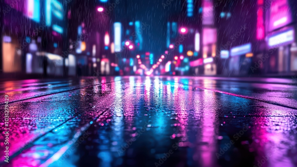Neon-lit city street reflecting rain at night Neon-lit city street reflecting rain at night