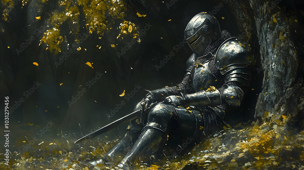 A weary knight resting against a tree in a serene, autumn setting. A weary knight resting against a tree in a serene, autumn setting.