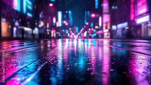 Wallpaper Mural Neon-lit city street reflecting rain at night Torontodigital.ca