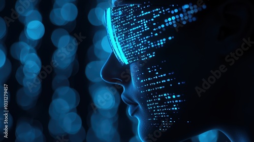 Futuristic portrait with digital patterns and glowing glasses