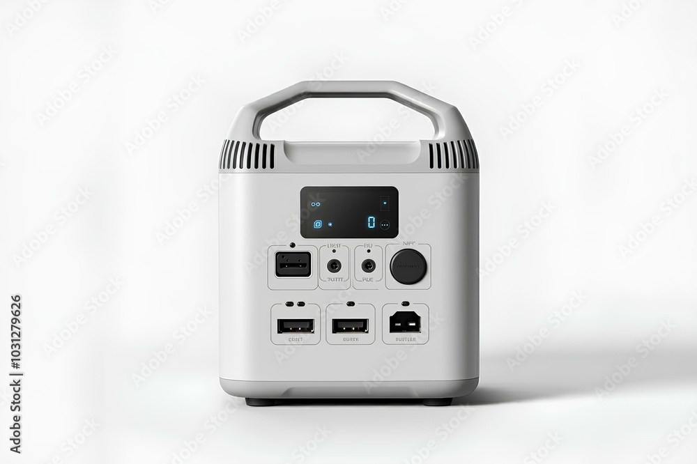 Fototapeta premium ポータブル電源、モバイルバッテリー、発電機、充電、白背景