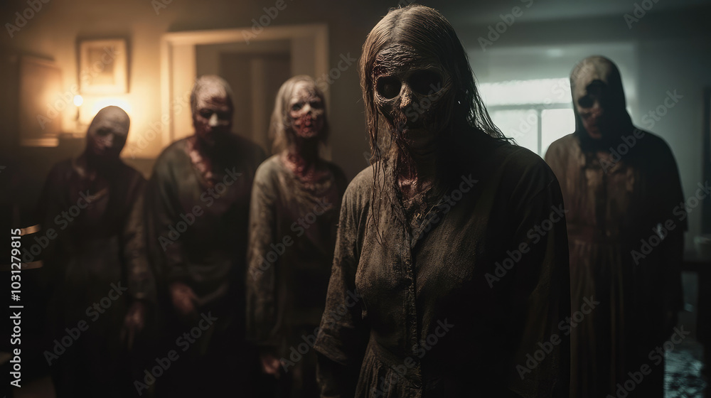 A group of dead people dressed in scary costumes are standing in a room A group of dead people dressed in scary costumes are standing in a room