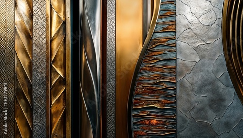Abstract wall art with metallic textures and geometric patterns.