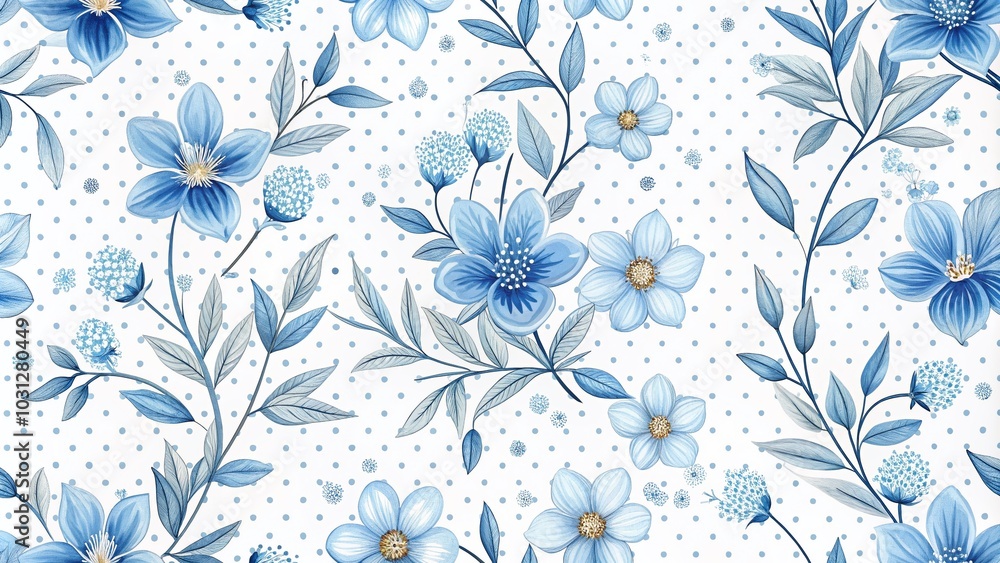 Blue Floral Pattern on White Dots - Seamless Design for Textiles and Web Use Blue Floral Pattern on White Dots - Seamless Design for Textiles and Web Use