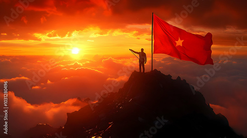 A figure stands on a mounta...