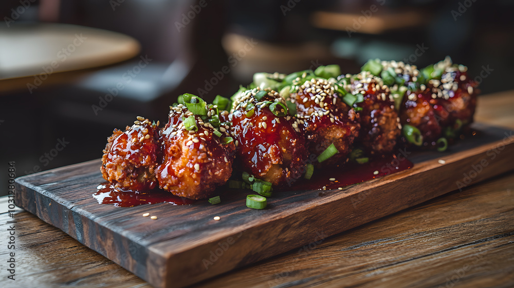 A plate of crispy chicken wings coated in a sweet and spicy sauce, topped with sesame seeds and green onions.