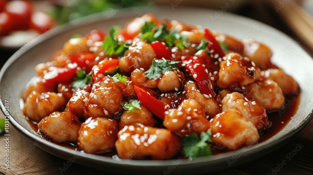 Plate full of delicious chinese food, on a blank background Plate full of delicious chinese food, on a blank background