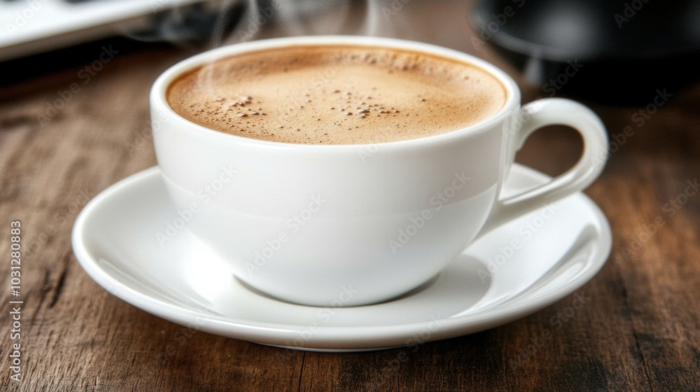 Top view of a cup of coffee on a wooden desk beside an open laptop, space for text Top view of a cup of coffee on a wooden desk beside an open laptop, space for text