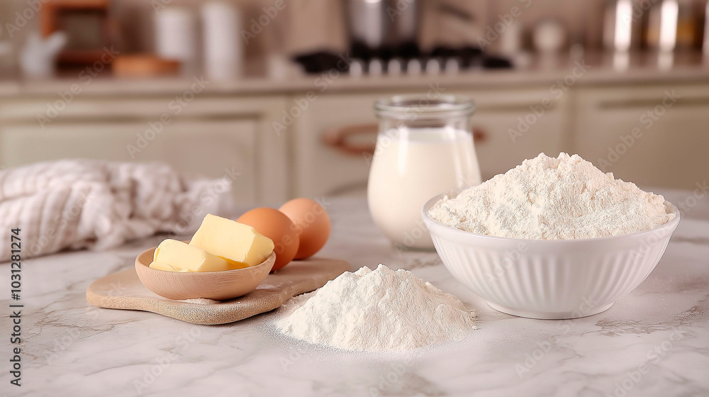 Simple ingredients for cooking flour, butter, egg and milk on kitchen table Simple ingredients for cooking flour, butter, egg and milk on kitchen table