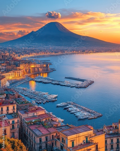 Stunning Sunset Over Naples Bay with Majestic Mount Vesuvius in the Background - Captivating Italian Coastal Beauty