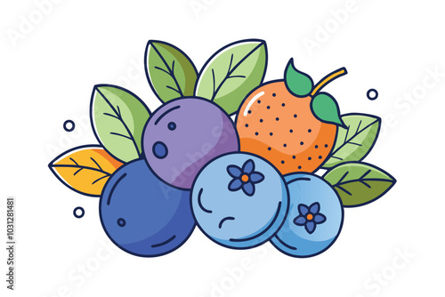 Blueberries in continuous line art drawing style, Minimalistic colorful posters with hand drawn fruits and berries in cartoon style, illustration on white background.