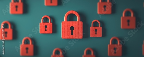 User profile surrounded by padlocks, privacy settings, encrypted code, identity protection, focus cover all object photo