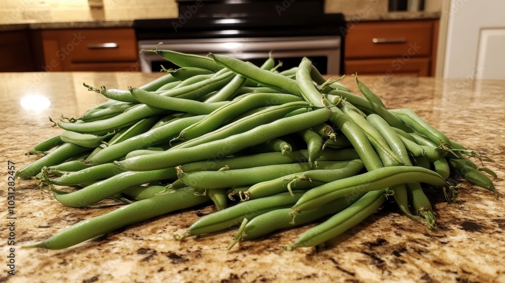 Obraz premium Fresh Green Beans on Kitchen Counter