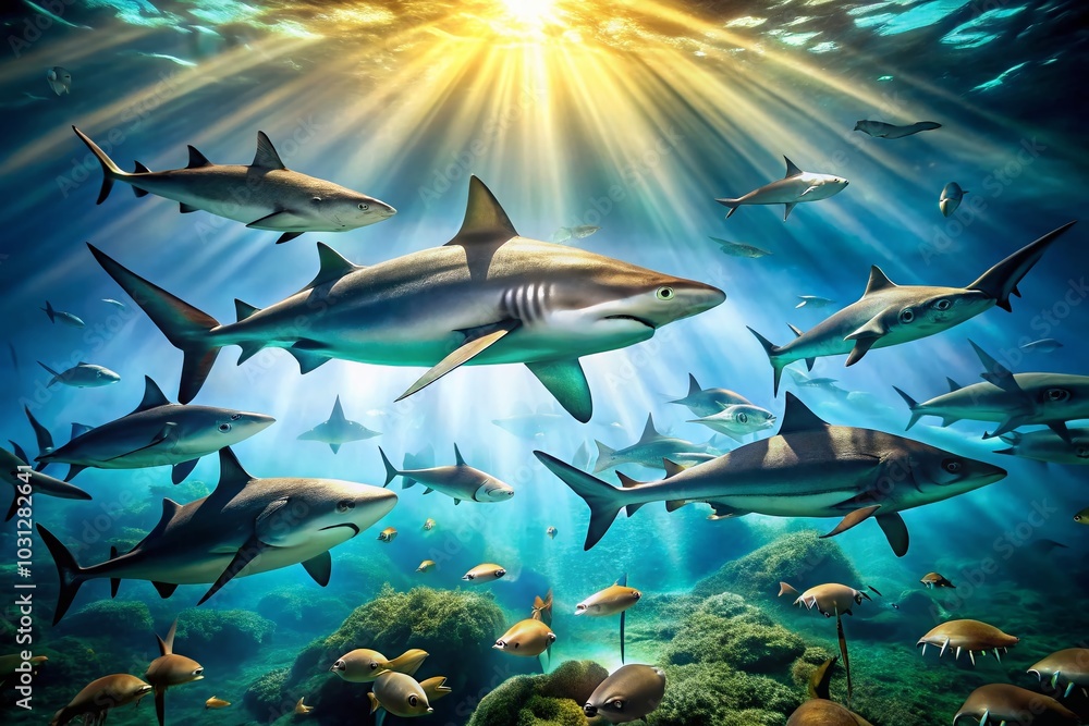 Fototapeta premium Bokeh Effect of Sharks Swimming Near Seafloor in Slow Motion