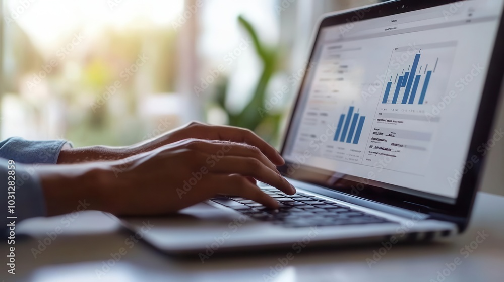 Close-up of hands typing on a laptop, eCommerce financial projections visible on screen financial planning, startup strategy Close-up of hands typing on a laptop, eCommerce financial projections visible on screen financial planning, startup strategy
