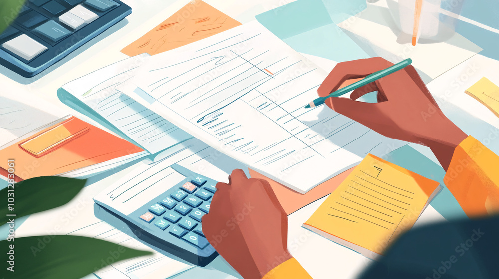 hand writes on a white notebook next to a calculator and other papers on a desk hand writes on a white notebook next to a calculator and other papers on a desk