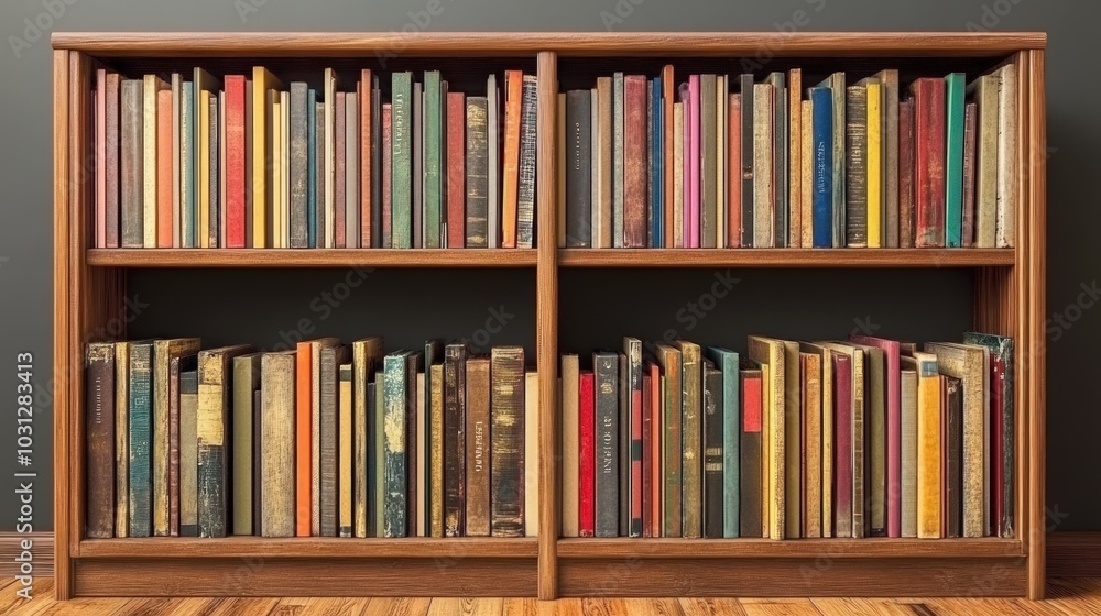 A wooden bookshelf filled with various books. A wooden bookshelf filled with various books.