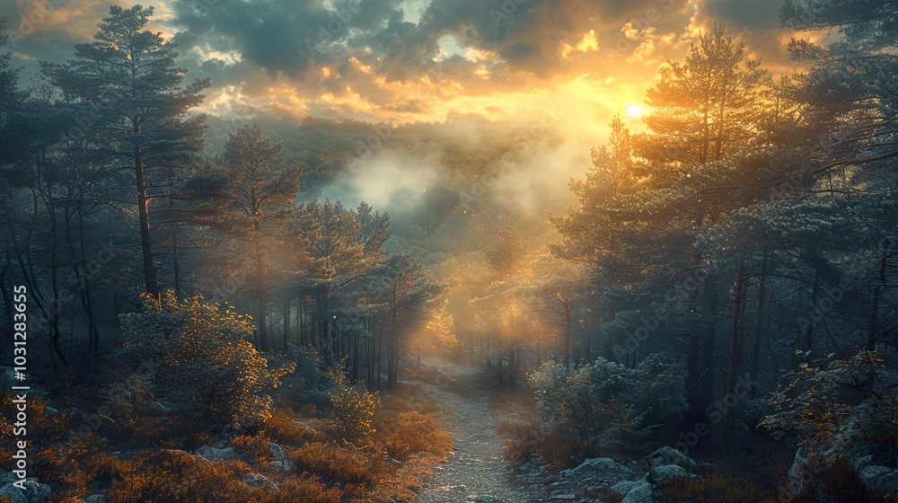 Obraz premium Enchanted Forest Path at Sunrise - Golden Hour Landscape Photography